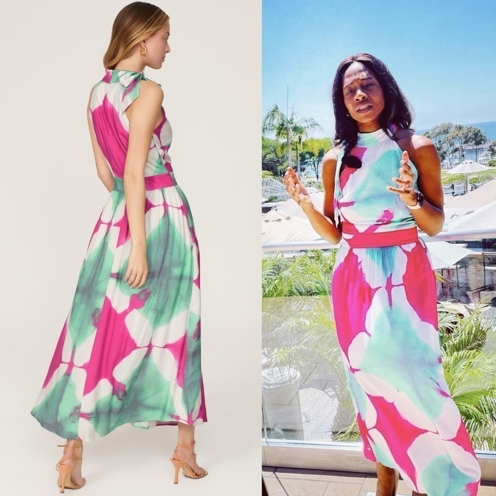 BUSAYO 70s Batik Print Sleeveless Halter Side Tie Neck Fit & Flare Maxi Dress 12 - Picture 4 of 10